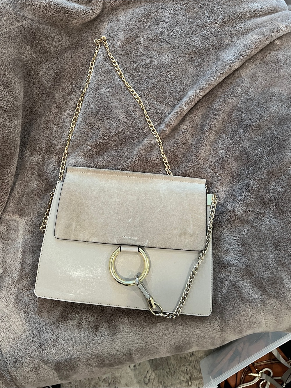 Amazon Beige and Suede Flap Shoulder Bag with Gold Chain
